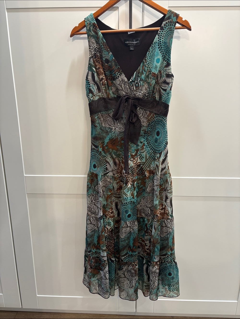 Y2k Teal and Brown Printed V-Neck Midi Dress